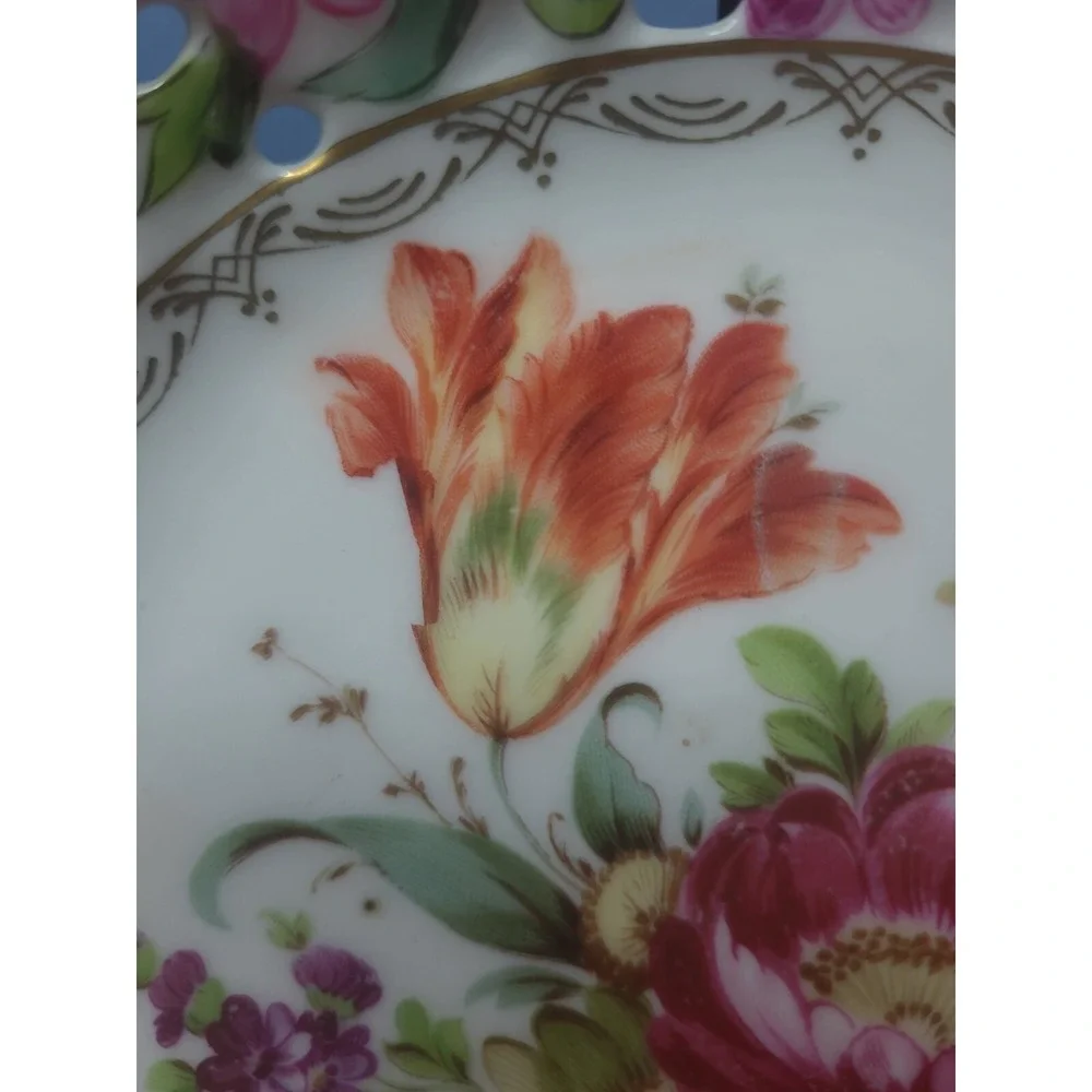 Rare E.S. Prussia Dresden Flowers Gilded Porcelain Bowl Plate Scalloped Openwork